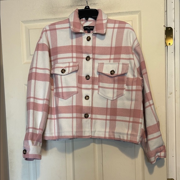 Love Tree Jackets & Blazers - Love Tree pink and white plaid Shacket Size Medium